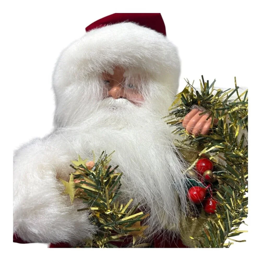 Vintage Christmas Holiday Santa w/tinsel on stand Garland Holly Berries